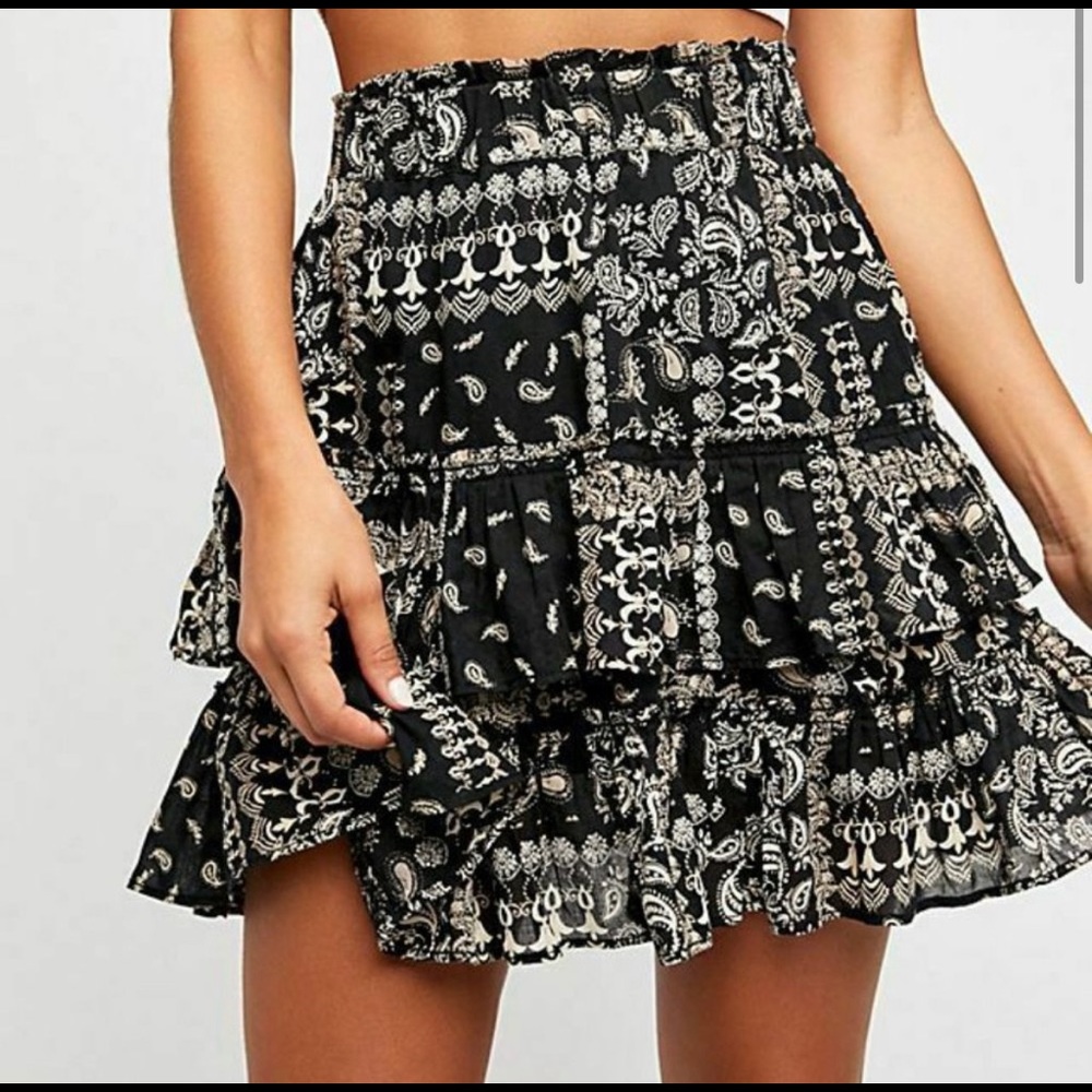 Free People Melissa Mini Skirt Black Paisley Print Tiered Ruffled